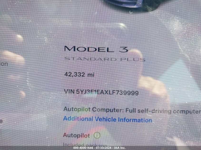 2020 Tesla Model 3 Standard Range Plus Rear-Wheel Drive/Standard Range Rear-Wheel Drive VIN: 5YJ3E1EAXLF739999 Lot: 40001646