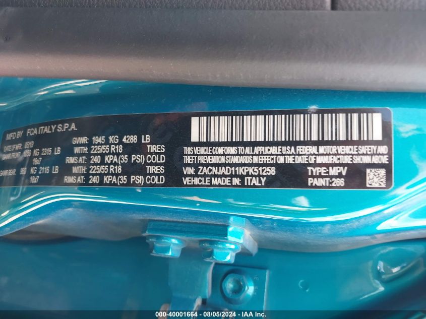 VIN ZACNJAD11KPK51258 2019 JEEP RENEGADE LIMITED FWD
