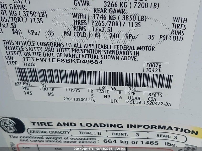 2011 Ford F150 Supercrew VIN: 1FTFW1EF8BKD49684 Lot: 40001676