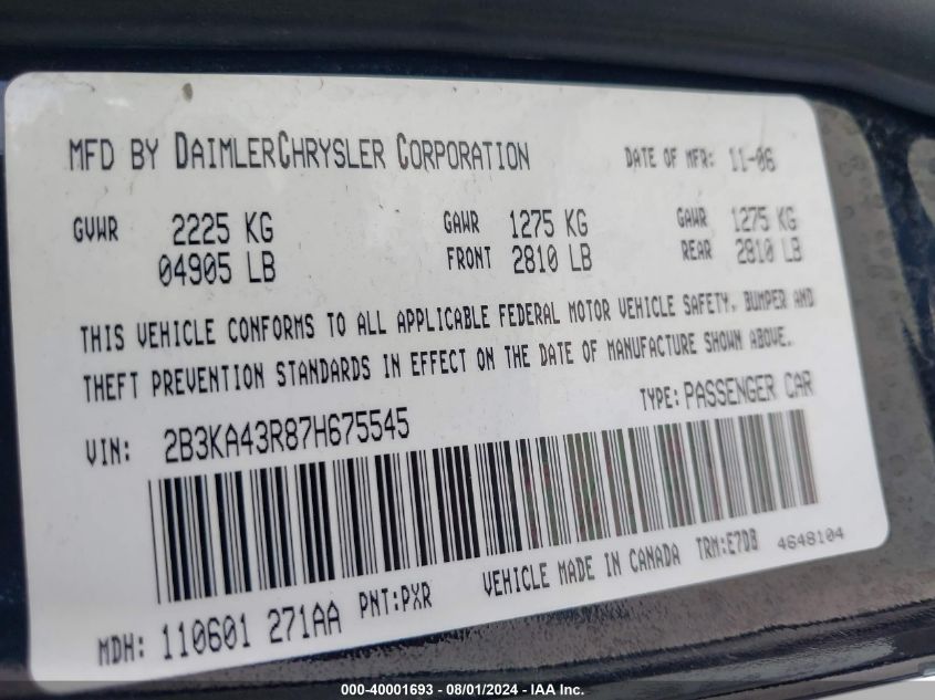 2007 Dodge Charger VIN: 2B3KA43R87H675545 Lot: 40001693