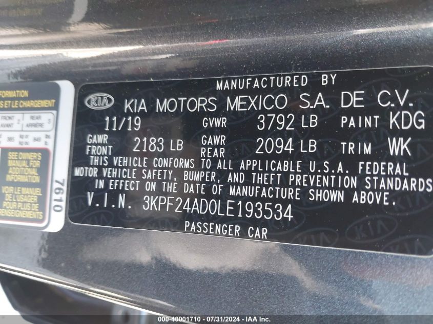 2020 Kia Forte Lxs VIN: 3KPF24AD0LE193534 Lot: 40001710