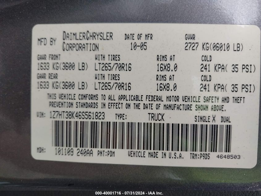 2006 Mitsubishi Raider Duro Cross V6 VIN: 1Z7HT38K46S561823 Lot: 40001716