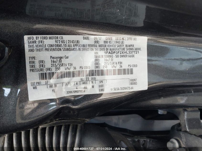 1FADP3F2XHL337721 2017 Ford Focus Se