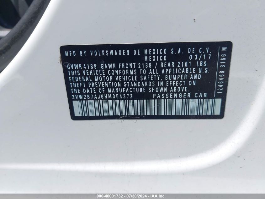 2017 Volkswagen Jetta 1.4T S VIN: 3VW2B7AJ6HM354372 Lot: 40001732