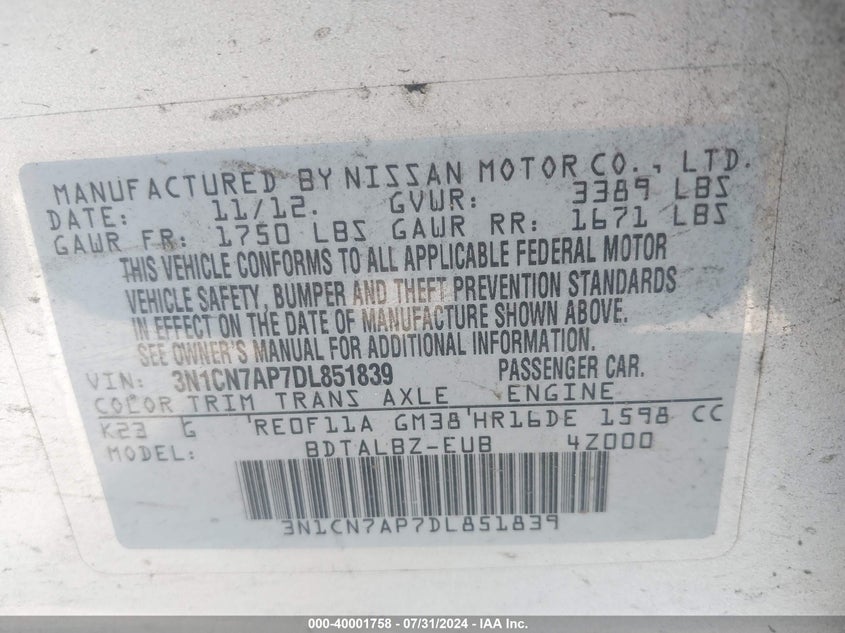 2013 Nissan Versa 1.6 Sv VIN: 3N1CN7AP7DL851839 Lot: 40001758