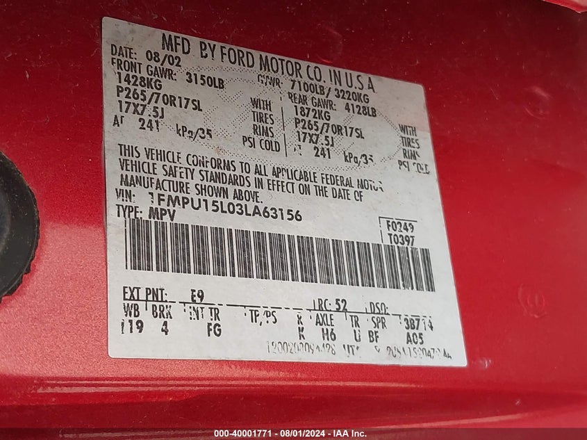 2003 Ford Expedition Xlt VIN: 1FMPU15L03LA63156 Lot: 40001771