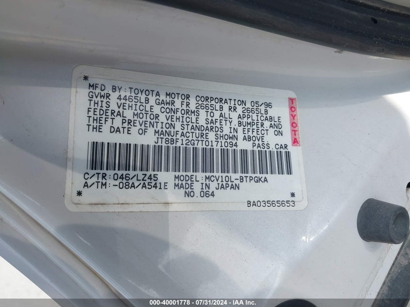 1996 Lexus Es 300 VIN: JT8BF12G7T0171094 Lot: 40001778