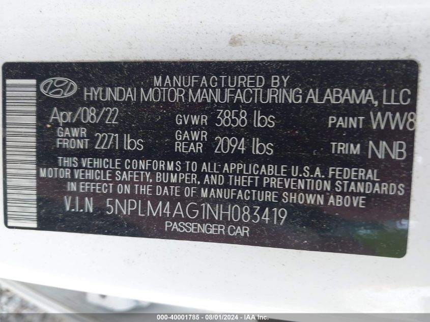 2022 Hyundai Elantra Sel VIN: 5NPLM4AG1NH083419 Lot: 40001785