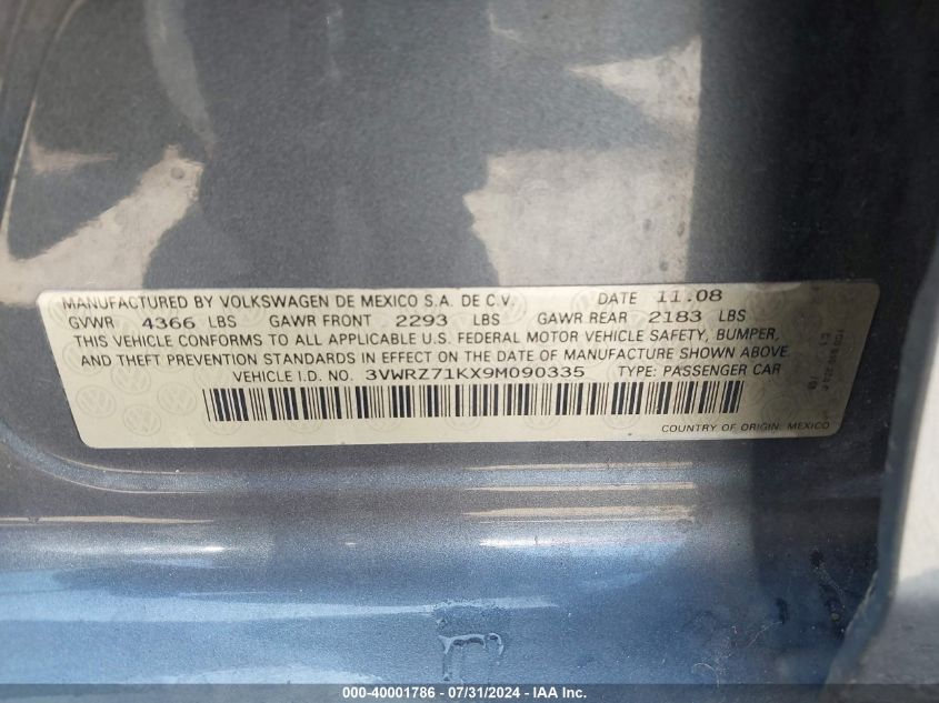 2009 Volkswagen Jetta Se VIN: 3VWRZ71KX9M090335 Lot: 40001786