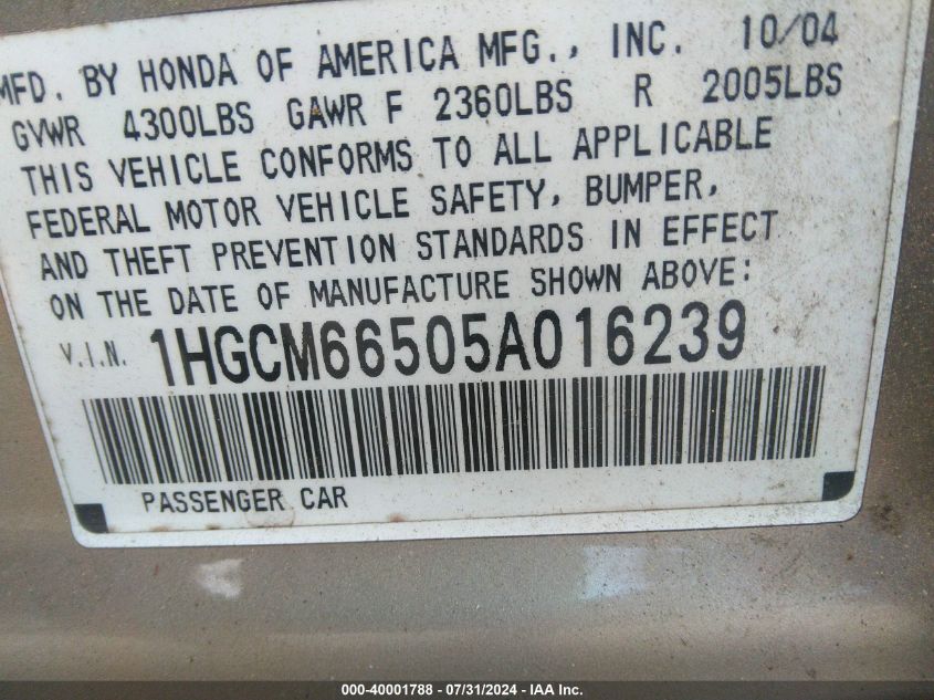 2005 Honda Accord 3.0 Ex VIN: 1HGCM66505A016239 Lot: 40001788