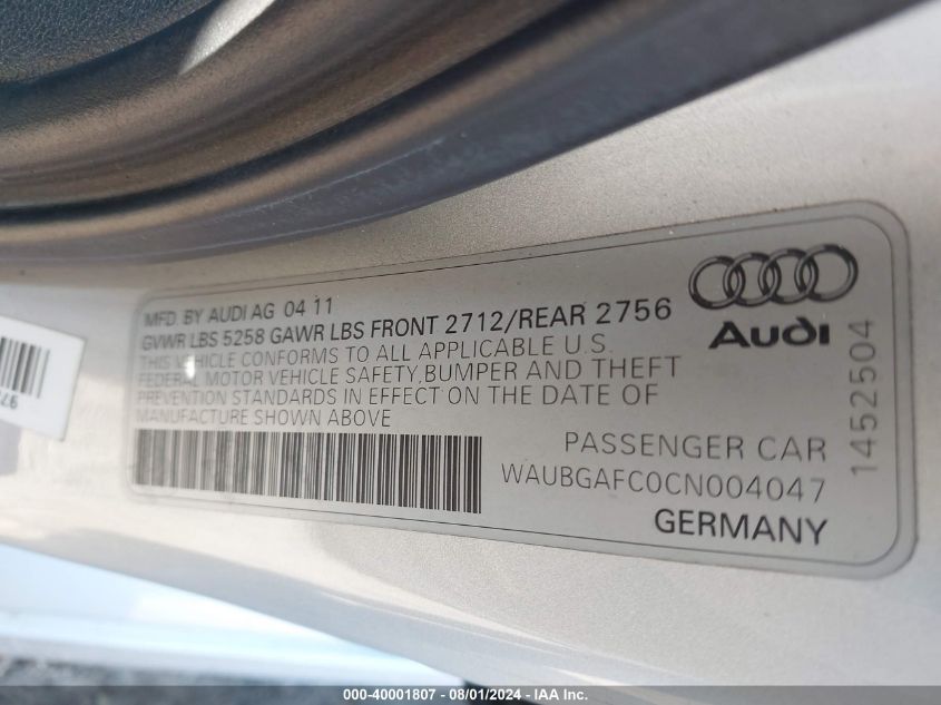2012 Audi A6 VIN: WAUBGAFC0CN004047 Lot: 40001807