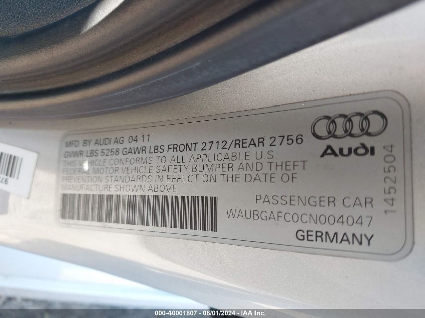 2012 Audi A6 3.0 Premium VIN: WAUBGAFC0CN004047 Lot: 40001807