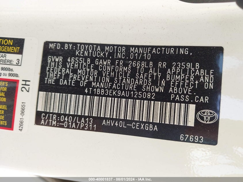 2010 Toyota Camry Hybrid VIN: 4T1BB3EK9AU125082 Lot: 40001837