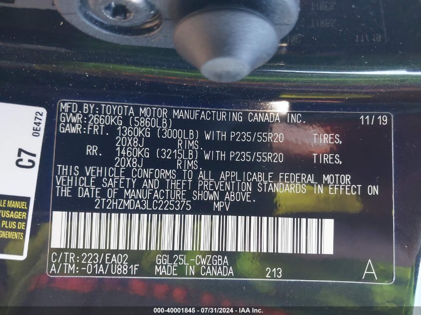 2020 Lexus Rx 350 VIN: 2T2HZMDA3LC225375 Lot: 40001845