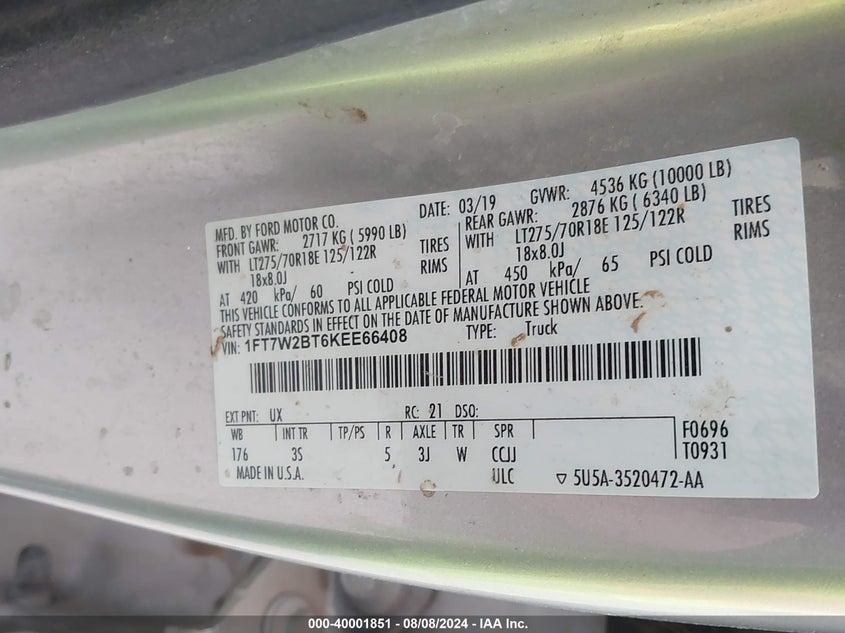 2019 Ford F250 Super Duty VIN: 1FT7W2BT6KEE66408 Lot: 40001851