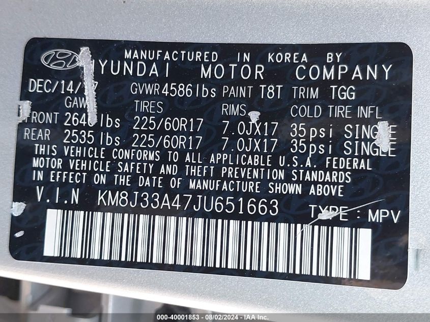 2018 Hyundai Tucson Sel VIN: KM8J33A47JU651663 Lot: 40001853