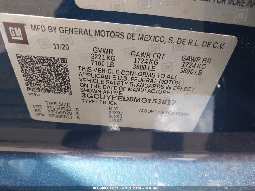 2021 Chevrolet Silverado 1500 4Wd Short Bed Rst VIN: 3GCUYEED5MG153817 Lot: 40001873