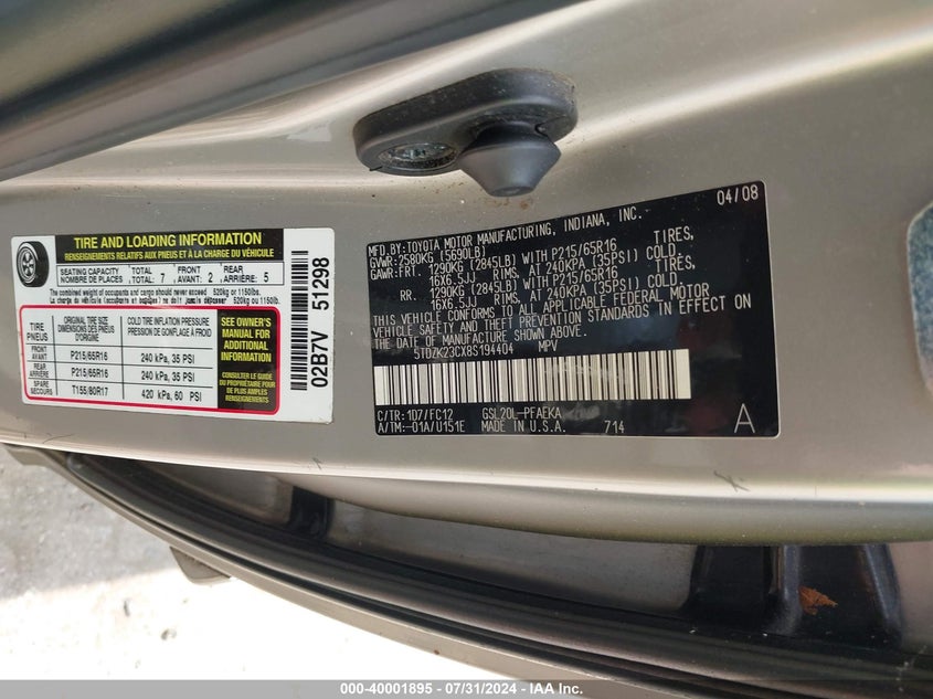 2008 Toyota Sienna Le VIN: 5TDZK23CX8S194404 Lot: 40001895