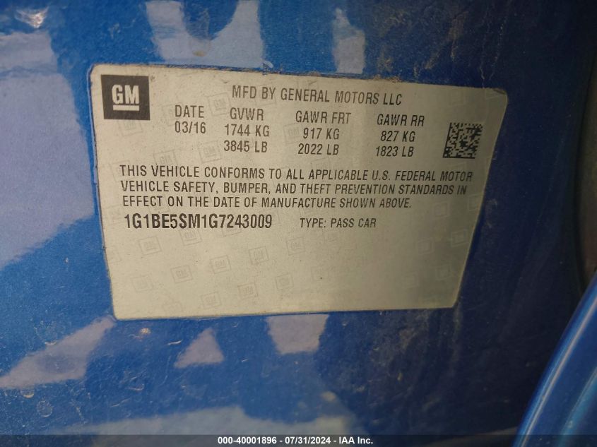 2016 Chevrolet Cruze Lt Auto VIN: 1G1BE5SM1G7243009 Lot: 40001896