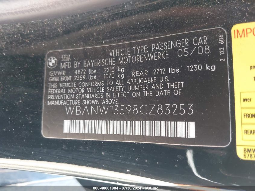 2008 BMW 535I VIN: WBANW13598CZ83253 Lot: 40001904