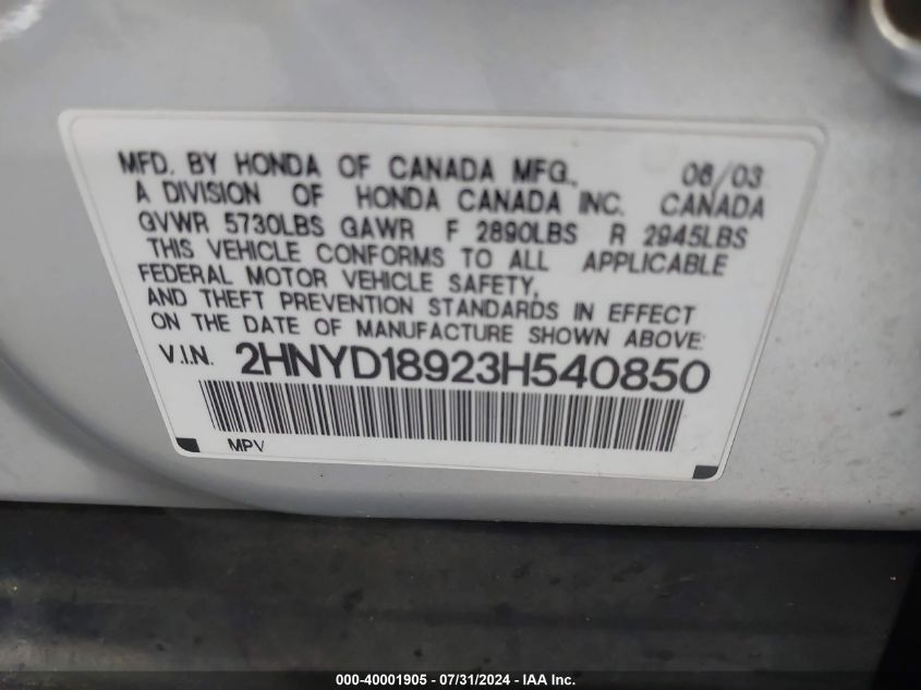 2003 Acura Mdx VIN: 2HNYD18923H540850 Lot: 40001905