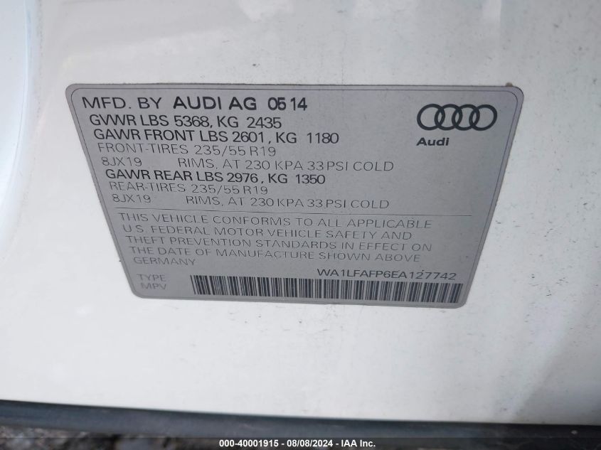 WA1LFAFP6EA127742 2014 Audi Q5 2.0T Premium