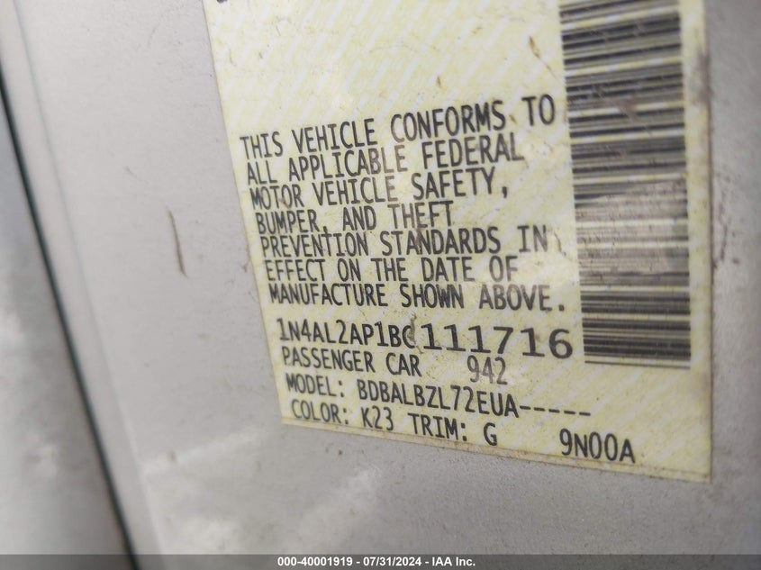 2011 Nissan Altima 2.5 S VIN: 1N4AL2AP1BC111716 Lot: 40001919