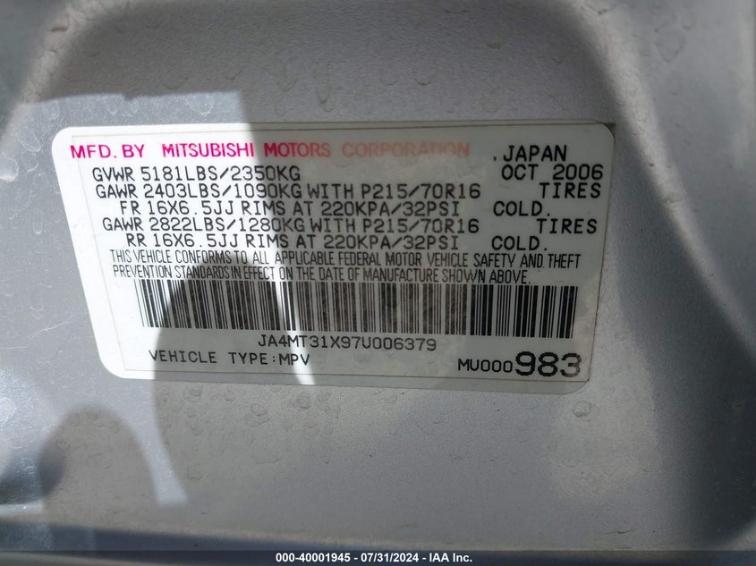 2007 Mitsubishi Outlander Ls VIN: JA4MT31X97U006379 Lot: 40001945