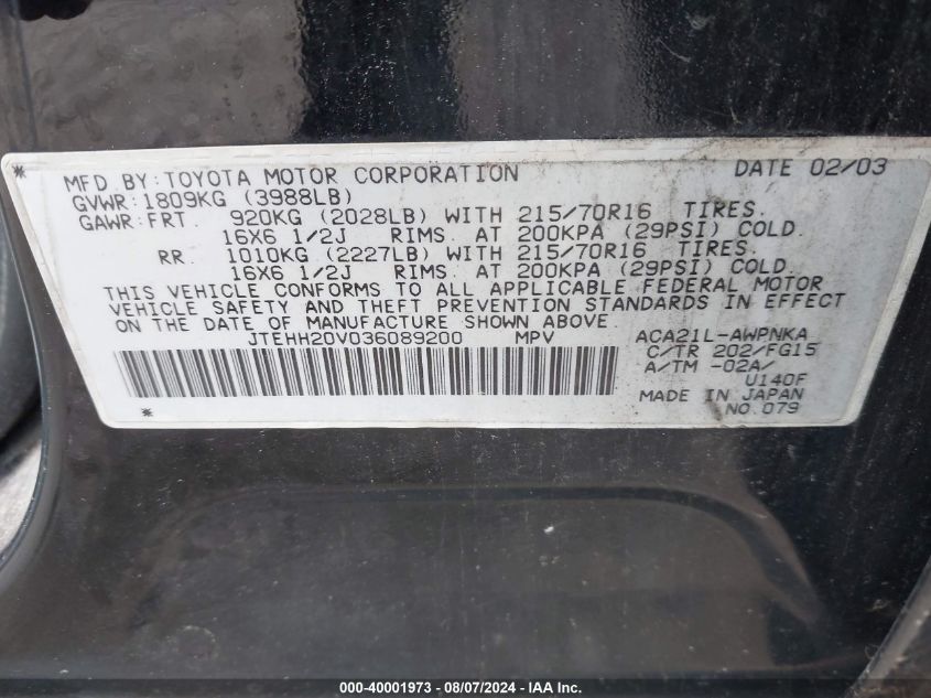 2003 Toyota Rav4 VIN: JTEHH20V036089200 Lot: 40001973