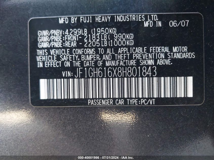 2008 Subaru Impreza 2.5I VIN: JF1GH616X8H801843 Lot: 40001986