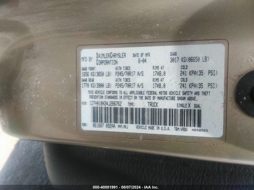 2004 Dodge Ram 1500 Slt/Laramie VIN: 1D7HA18N34J286762 Lot: 40001991