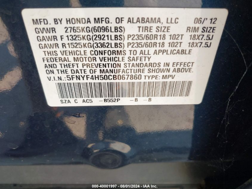 2012 Honda Pilot Ex-L VIN: 5FNYF4H50CB067860 Lot: 40001997