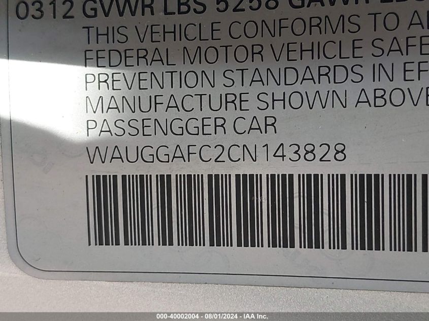2012 Audi A6 Premium Plus VIN: WAUGGAFC2CN143828 Lot: 40002004