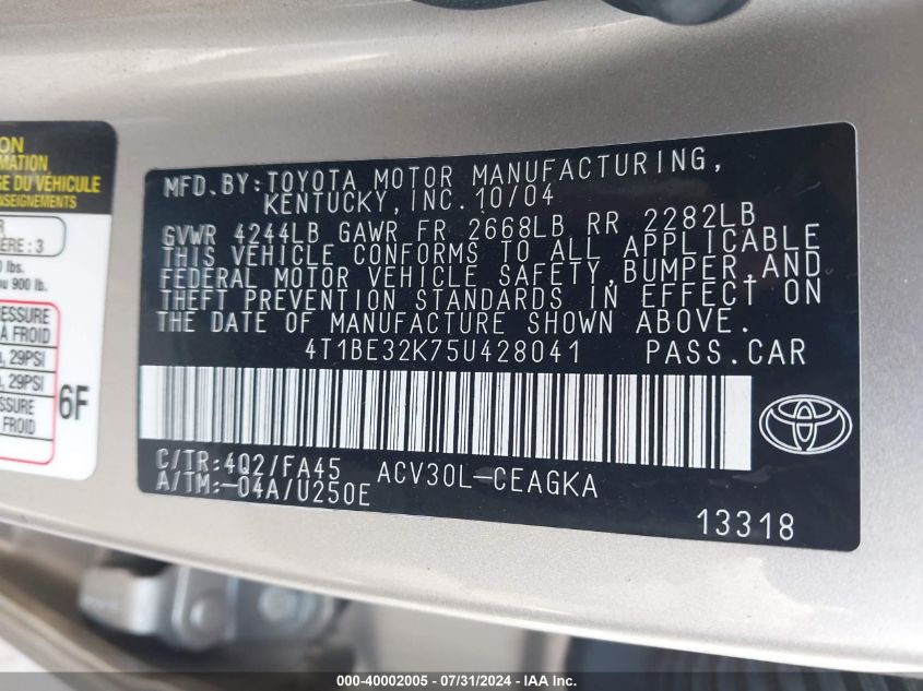 2005 Toyota Camry Xle VIN: 4T1BE32K75U428041 Lot: 40002005