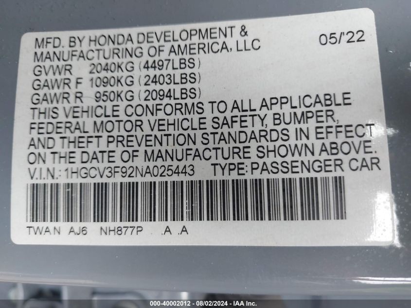 2022 Honda Accord Hybrid Touring VIN: 1HGCV3F92NA025443 Lot: 40002012