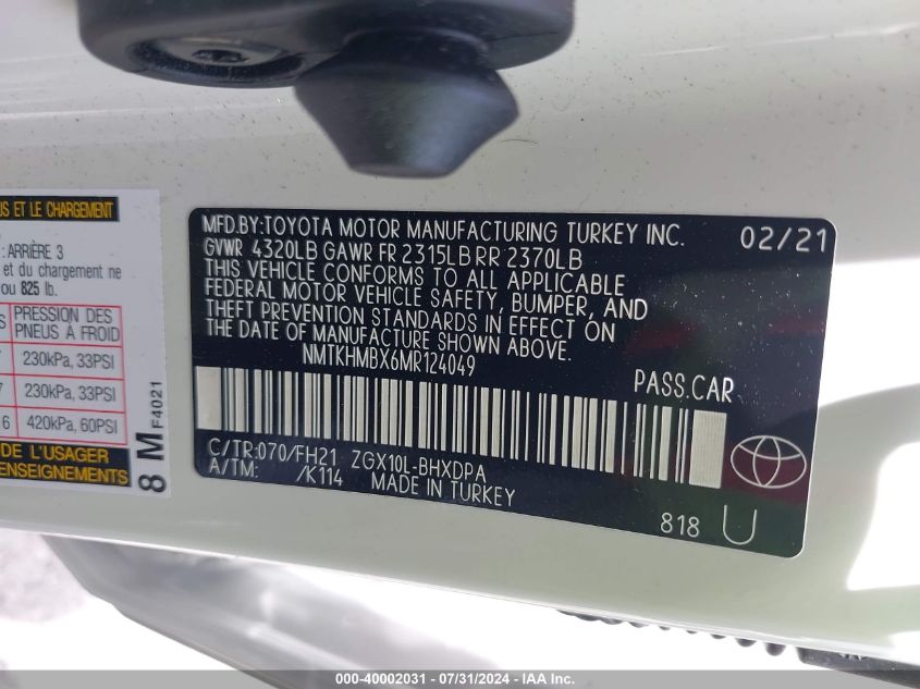 2021 Toyota C-Hr Xle/Le/Night Shade/Limite VIN: NMTKHMBX6MR124049 Lot: 40002031