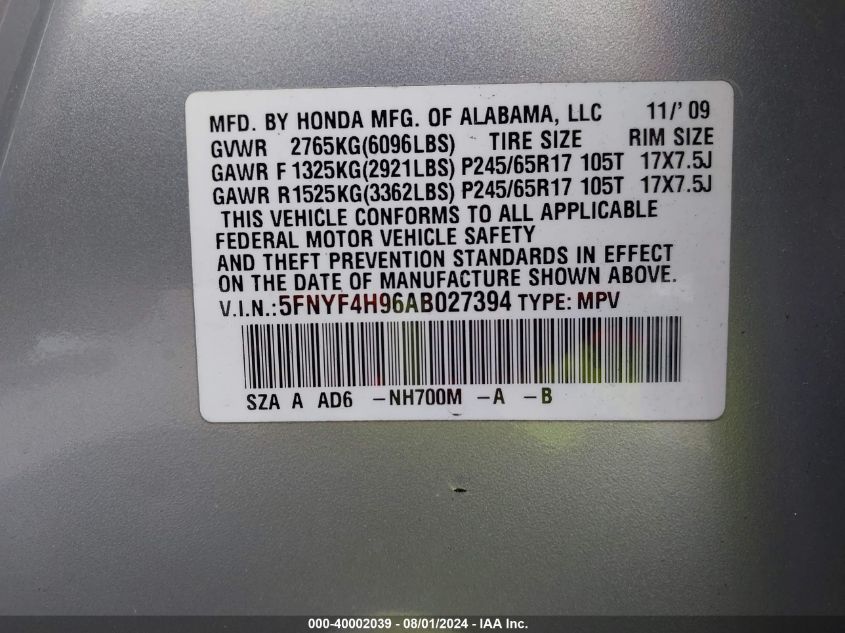 2010 Honda Pilot Touring VIN: 5FNYF4H96AB027394 Lot: 40002039