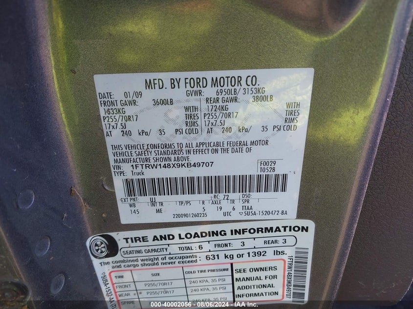 2009 Ford F-150 Xlt VIN: 1FTRW148X9KB49707 Lot: 40002056