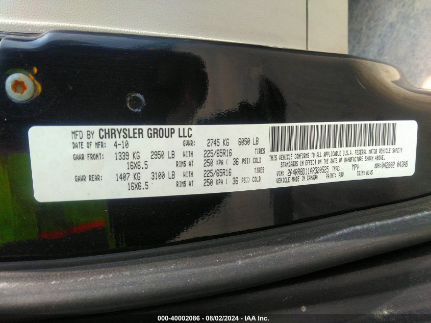 2010 Chrysler Town & Country Touring Plus VIN: 2A4RR8D11AR320525 Lot: 40002086