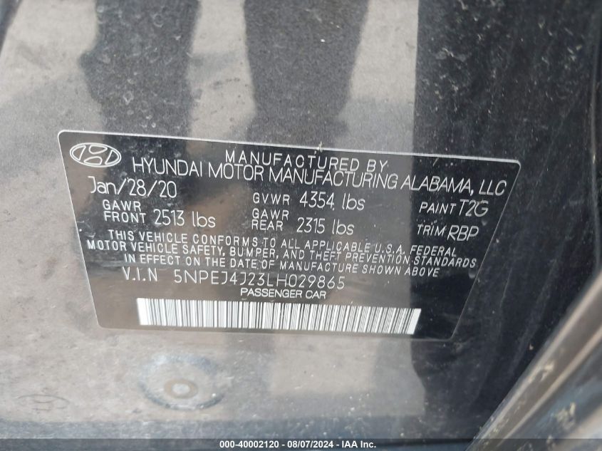 2020 Hyundai Sonata Sel Plus VIN: 5NPEJ4J23LH029865 Lot: 40002120