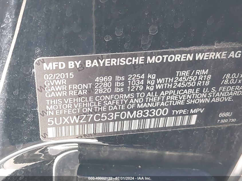 5UXWZ7C53F0M83300 2015 BMW X3 Sdrive28I