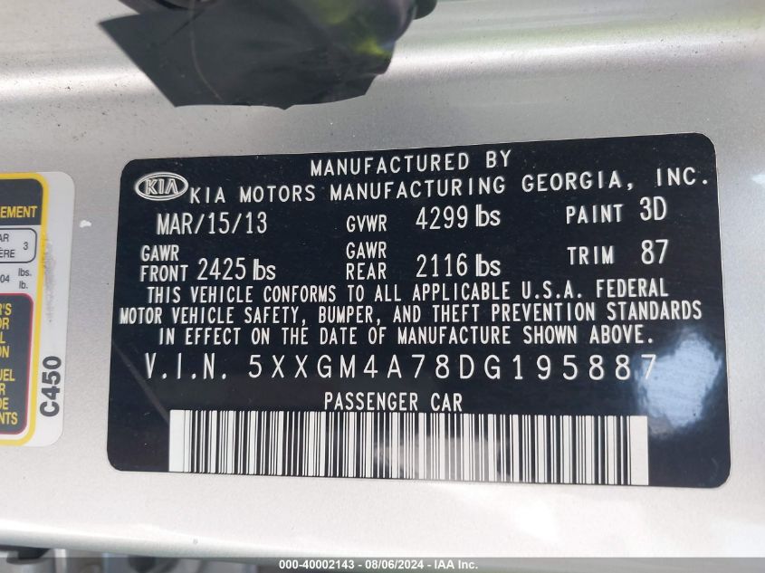 2013 Kia Optima Lx VIN: 5XXGM4A78DG195887 Lot: 40002143