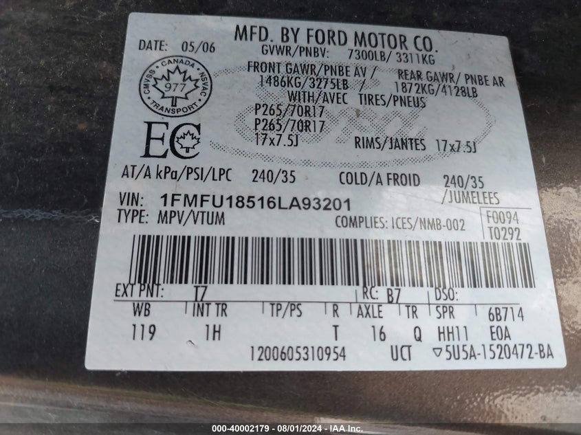 2006 Ford Expedition Eddie Bauer/King Ranch VIN: 1FMFU18516LA93201 Lot: 40002179