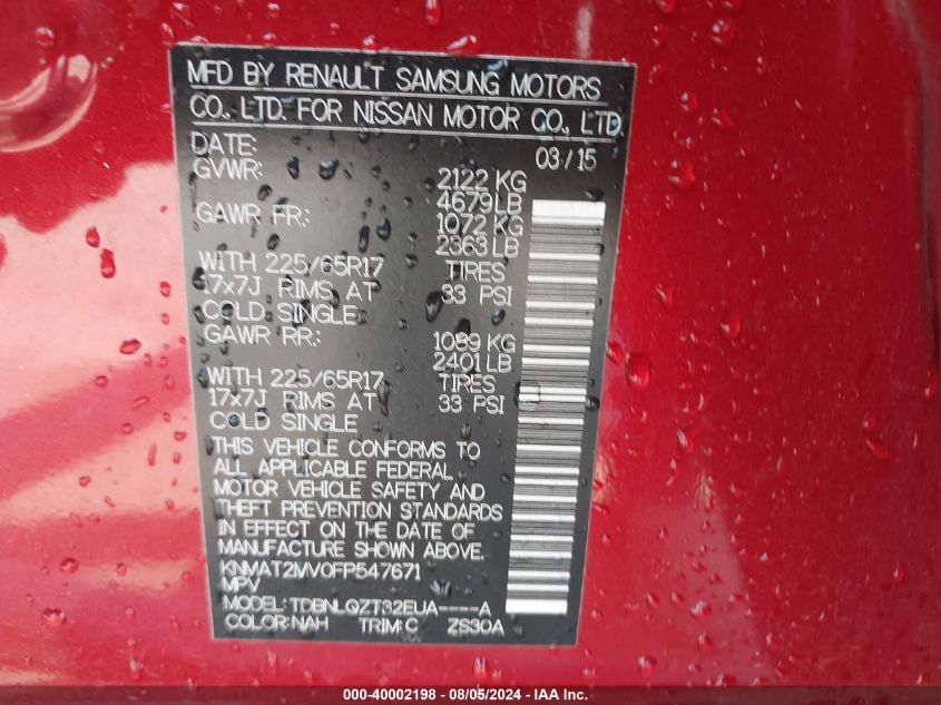 2015 Nissan Rogue Sv VIN: KNMAT2MV0FP547671 Lot: 40002198