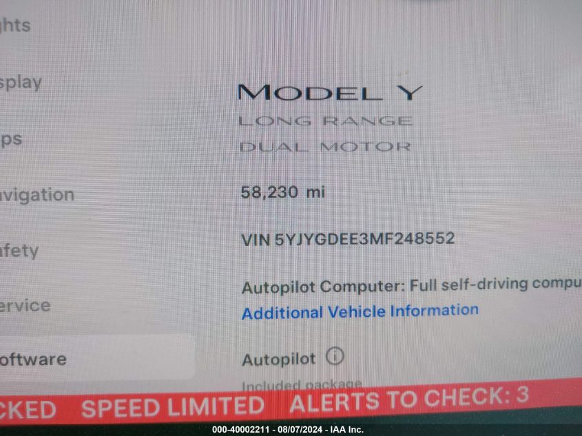 2021 Tesla Model Y Long Range Dual Motor All-Wheel Drive VIN: 5YJYGDEE3MF248552 Lot: 40002211