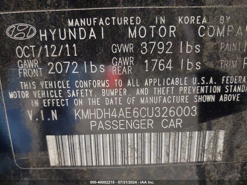 2012 Hyundai Elantra Limited (Ulsan Plant) VIN: KMHDH4AE6CU326003 Lot: 40002215