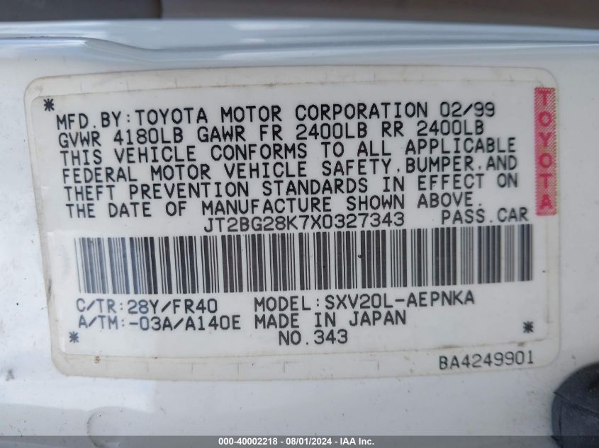 1999 Toyota Camry Le VIN: JT2BG28K7X0327343 Lot: 40002218