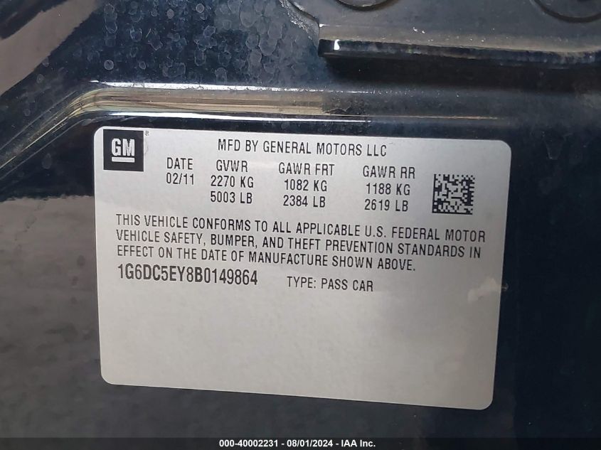 2011 Cadillac Cts VIN: 1G6DC5EY8B0149864 Lot: 40002231