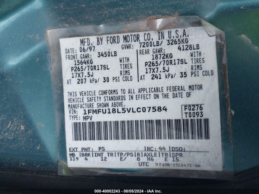 1997 Ford Expedition VIN: 1FMFU18L5VLC07584 Lot: 40002243