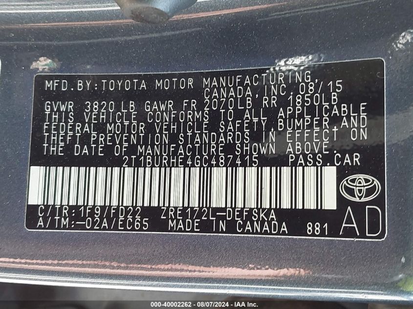 2016 TOYOTA COROLLA S PLUS - 2T1BURHE4GC487415